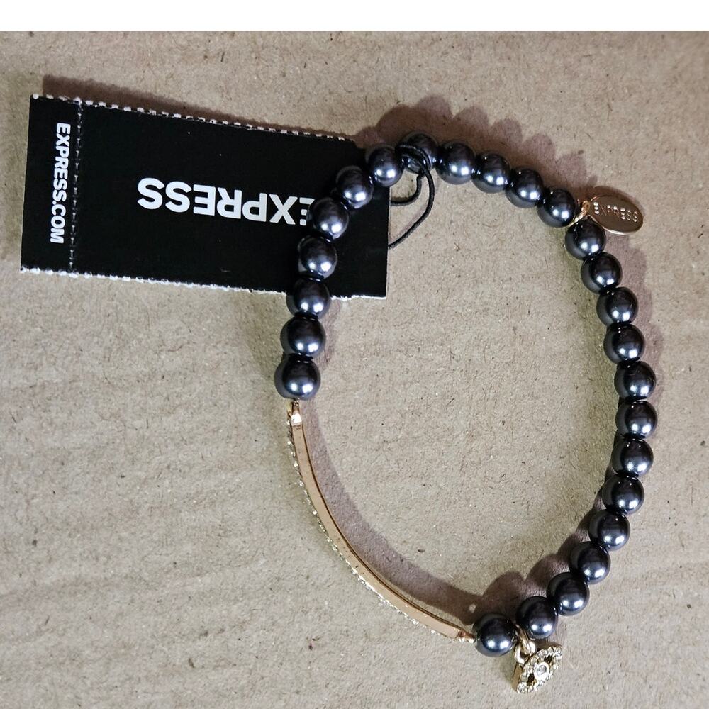 Express Faux Black Pearl Bead & Rhinestone on Silver-Tone Mixed Metal Bracelet